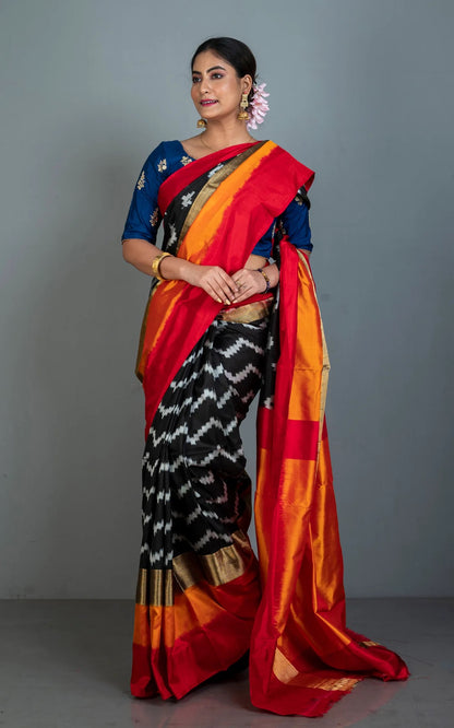 Black Pochampally Ikkat Silk Saree - Royal Threads Collection.