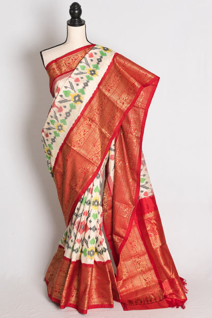 Ikkat Pochampally Saree with Kanjivaram Saree in Off White and Red
