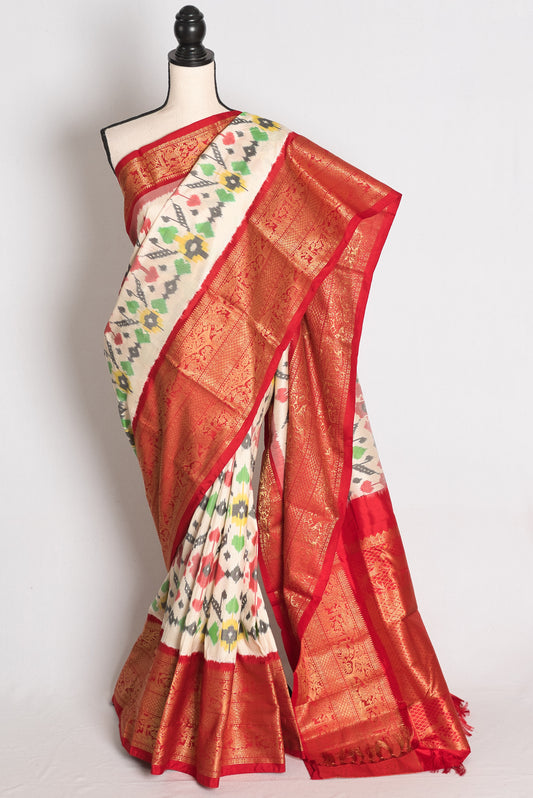 Ikkat Pochampally Saree with Kanjivaram Saree in Off White and Red