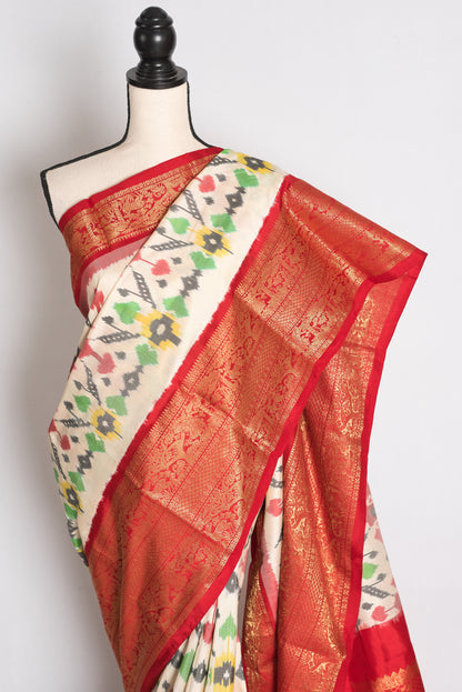 Ikkat Pochampally Saree with Kanjivaram Saree in Off White and Red