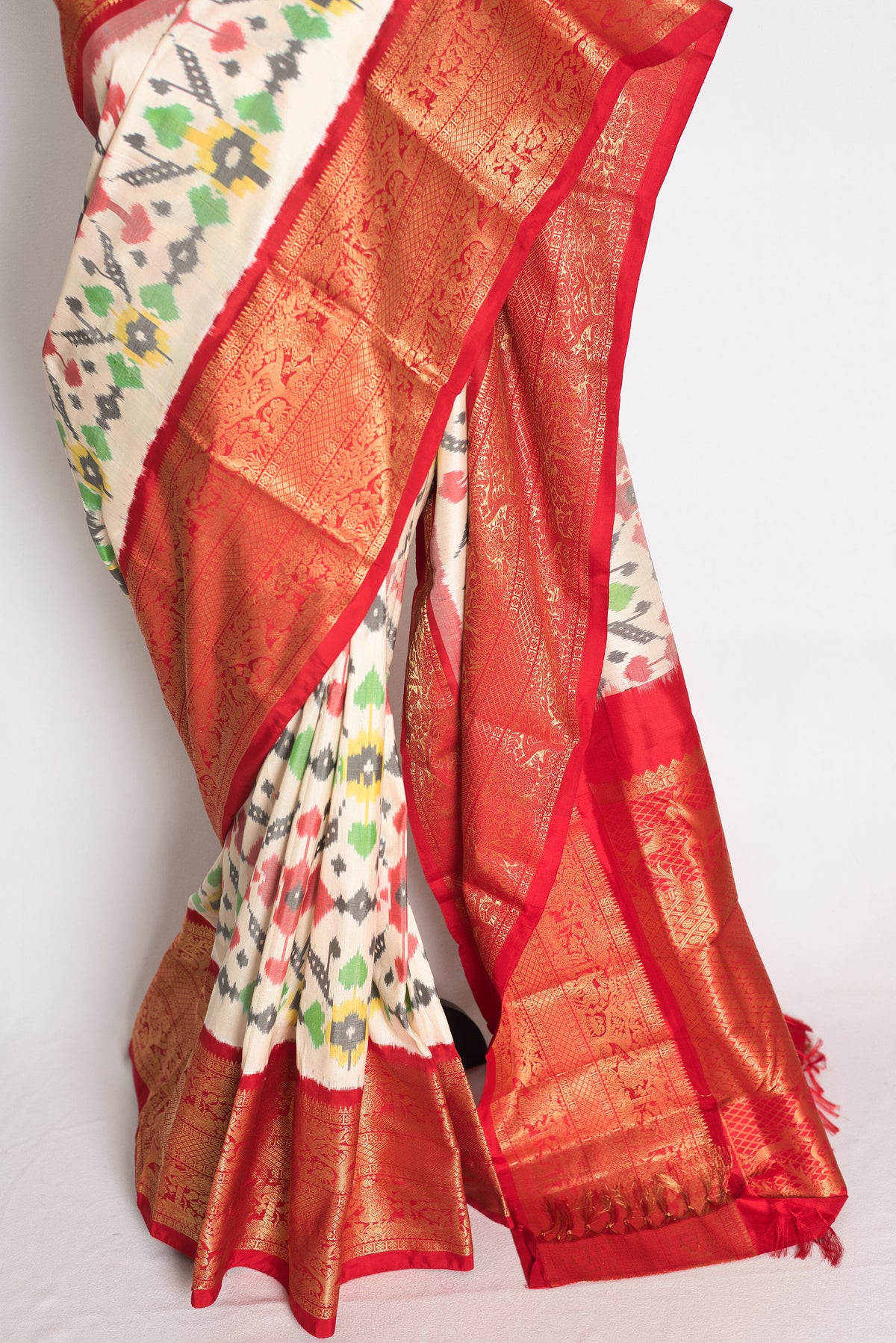 Ikkat Pochampally Saree with Kanjivaram Saree in Off White and Red