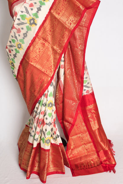 Ikkat Pochampally Saree with Kanjivaram Saree in Off White and Red