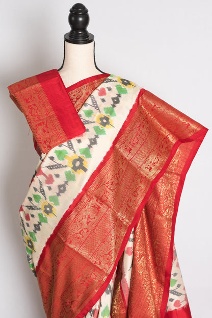 Ikkat Pochampally Saree with Kanjivaram Saree in Off White and Red