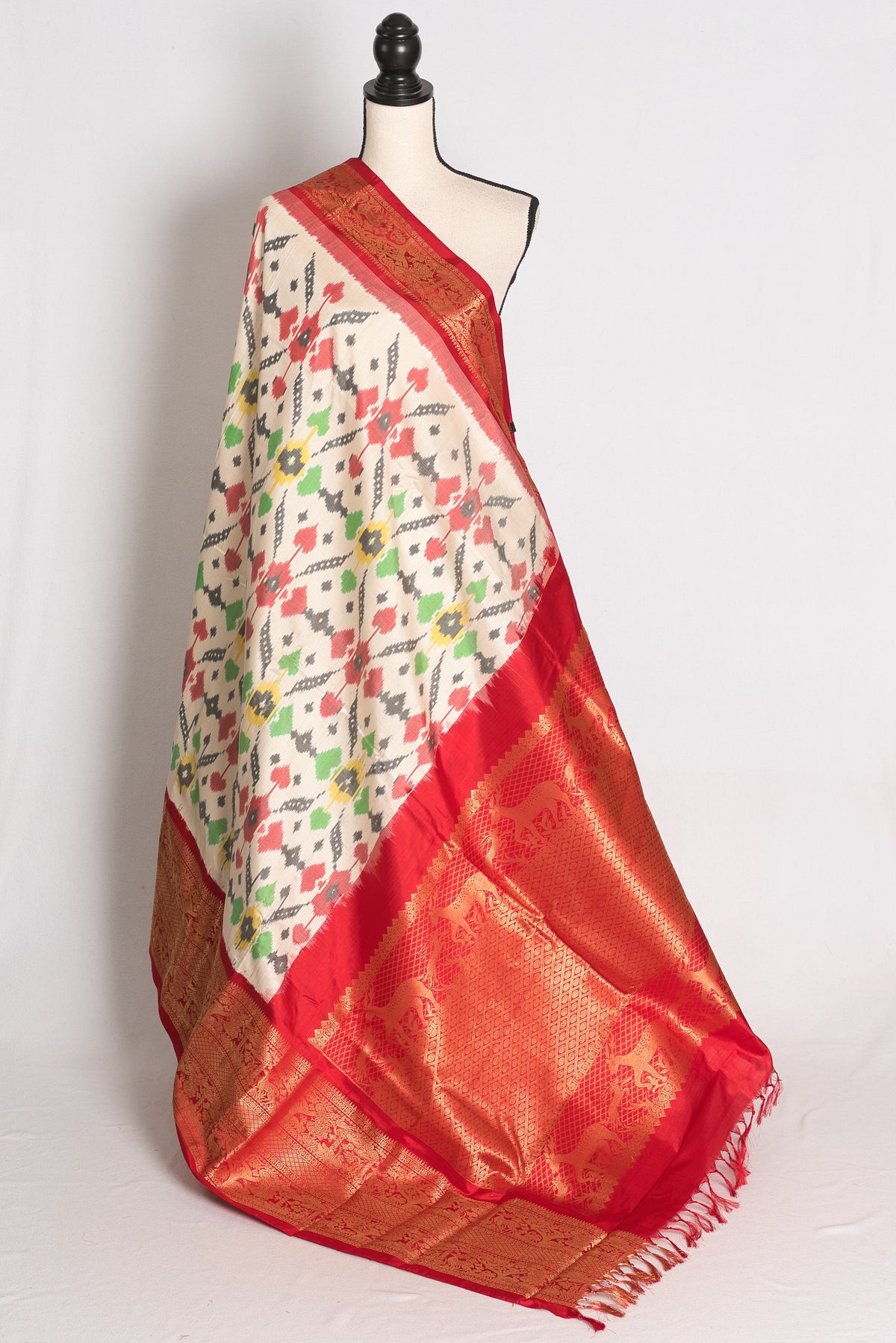 Ikkat Pochampally Saree with Kanjivaram Saree in Off White and Red
