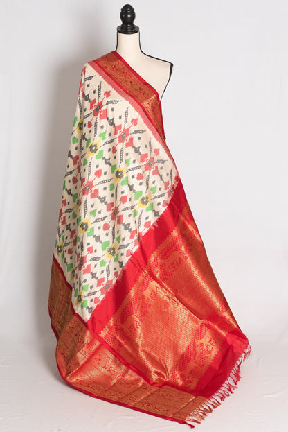 Ikkat Pochampally Saree with Kanjivaram Saree in Off White and Red