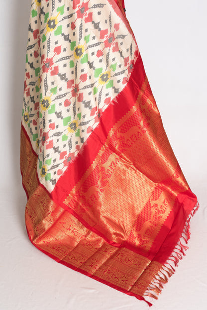 Ikkat Pochampally Saree with Kanjivaram Saree in Off White and Red