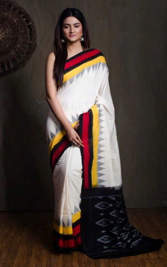 Soft Cotton Ikkat Pochampally Saree in Off White and Black.