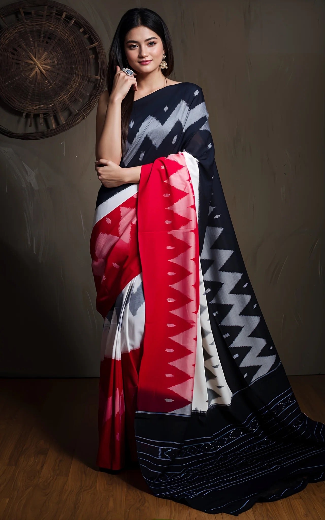 Soft Cotton Ikkat Pochampally Saree in Black and Red.