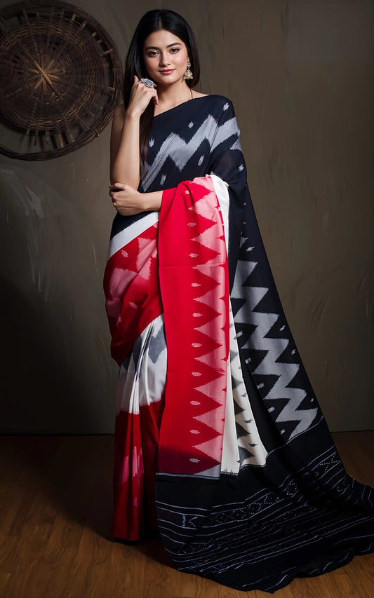 Soft Cotton Ikkat Pochampally Saree in Black and Red.