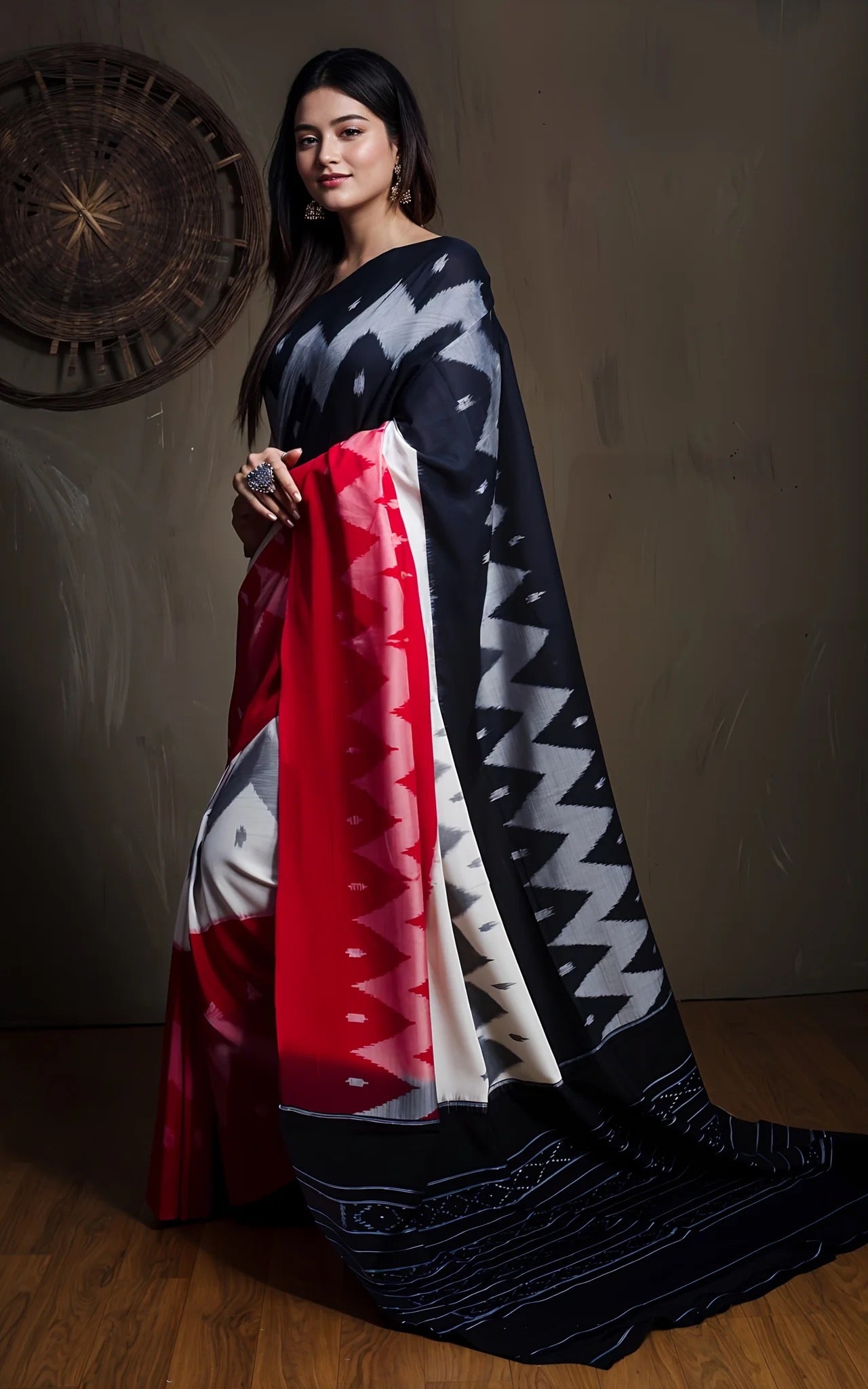 Soft Cotton Ikkat Pochampally Saree in Black and Red.