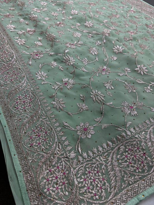 Pooja | Sea Green Georgette Partywear Saree | Elegant Machine Floral Embroidery - Saree Mandi
