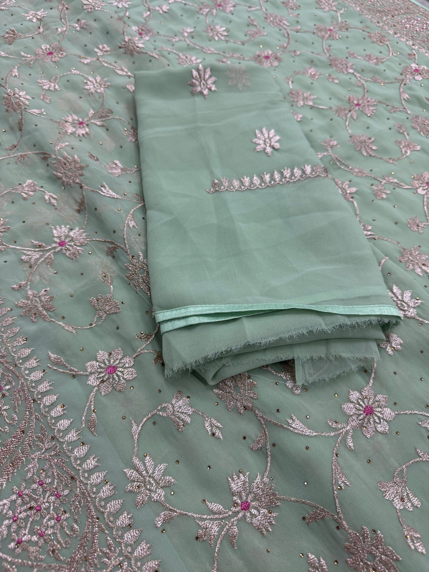 Pooja | Sea Green Georgette Partywear Saree | Elegant Machine Floral Embroidery - Saree Mandi