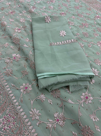 Pooja | Sea Green Georgette Partywear Saree | Elegant Machine Floral Embroidery - Saree Mandi