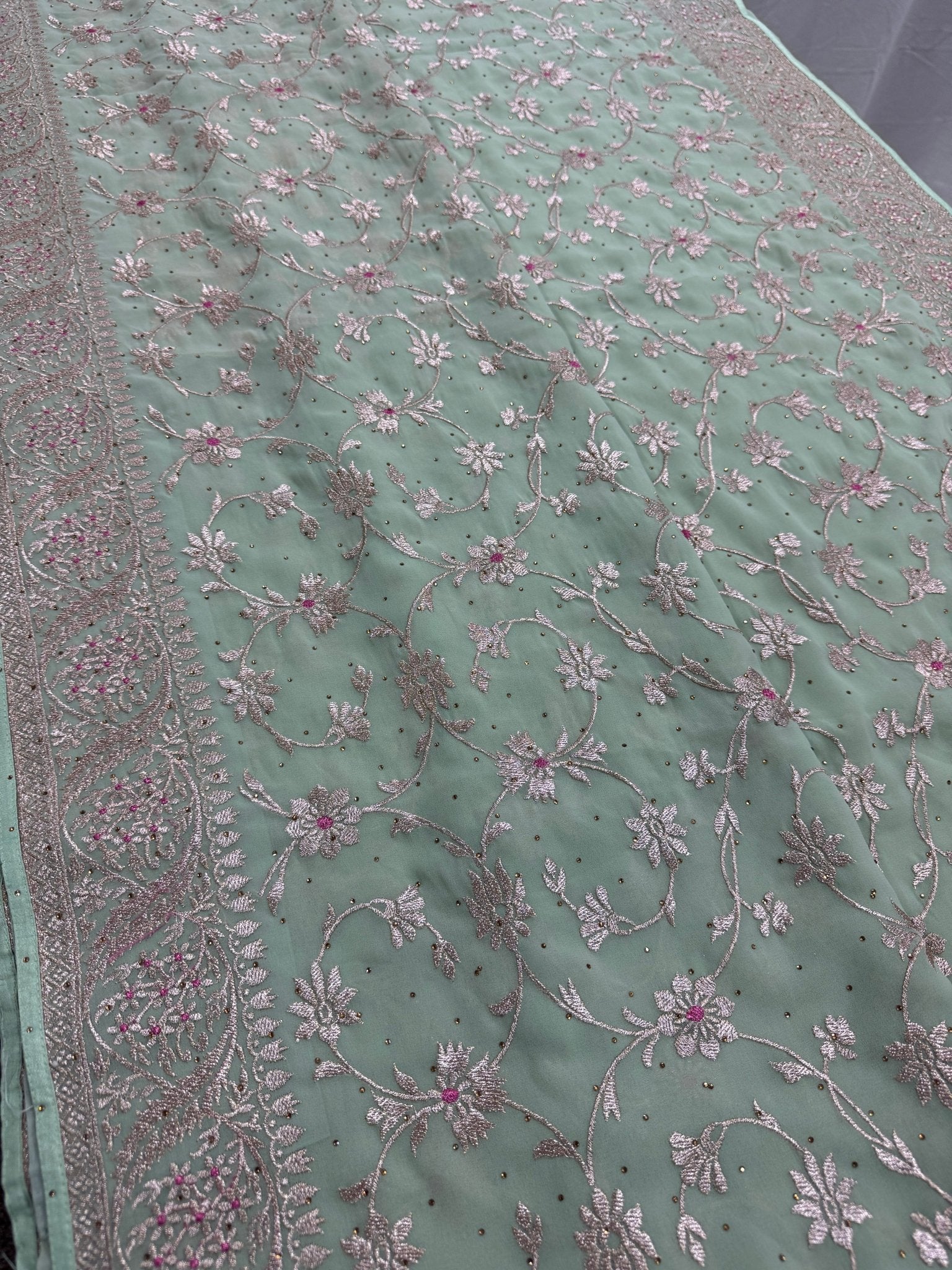 Pooja | Sea Green Georgette Partywear Saree | Elegant Machine Floral Embroidery - Saree Mandi