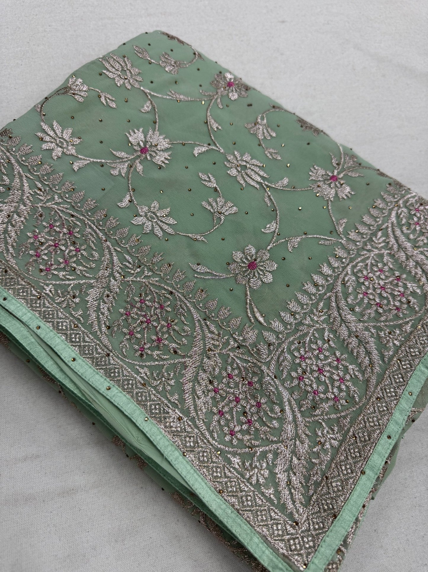 Pooja | Sea Green Georgette Partywear Saree | Elegant Machine Floral Embroidery - Saree Mandi