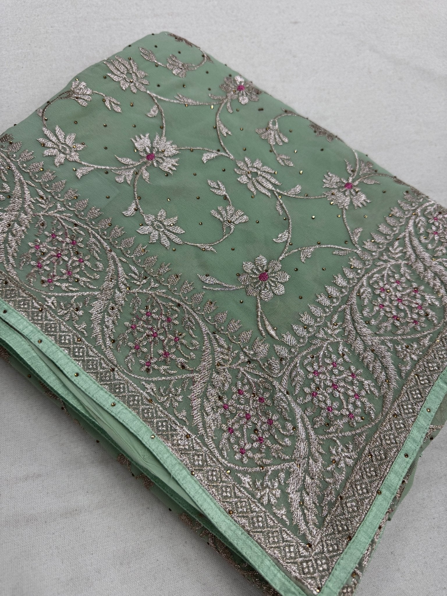 Pooja | Sea Green Georgette Partywear Saree | Elegant Machine Floral Embroidery - Saree Mandi