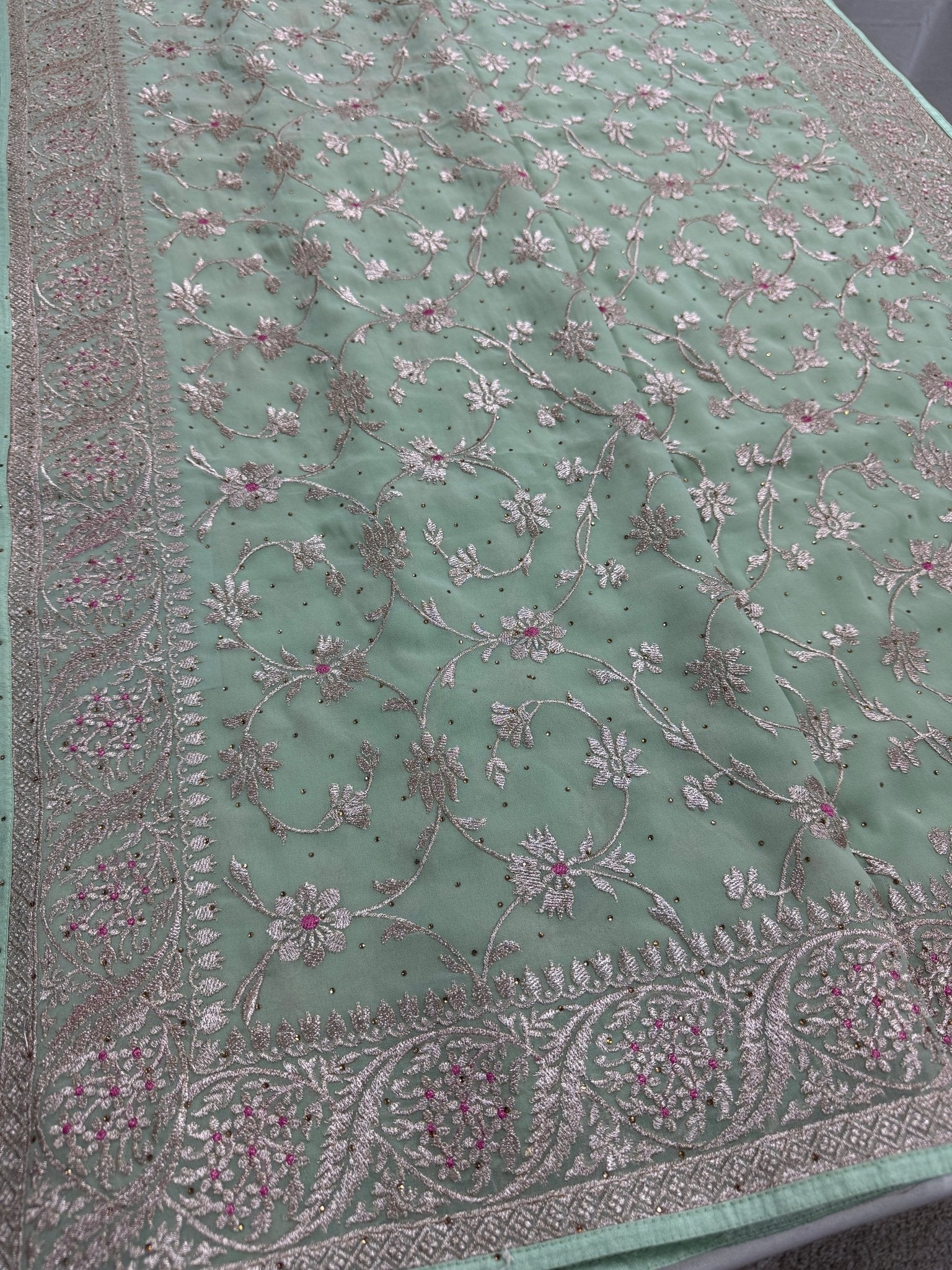 Pooja | Sea Green Georgette Partywear Saree | Elegant Machine Floral Embroidery - Saree Mandi