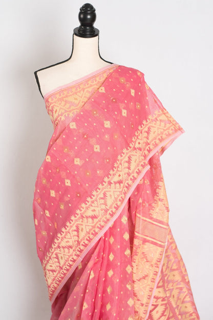 Prerna : Blended Soft Cotton Jamdani Bengali Saree in Pink and Yellow - Saree Mandi