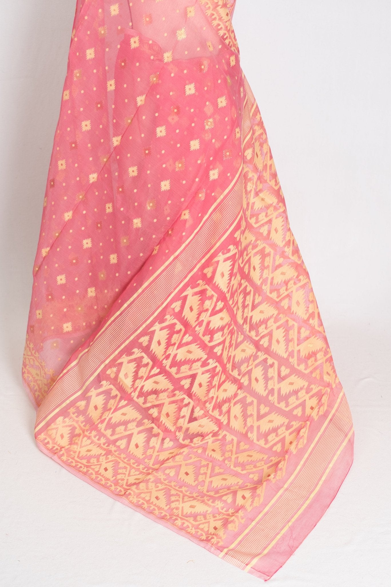 Prerna : Blended Soft Cotton Jamdani Bengali Saree in Pink and Yellow - Saree Mandi