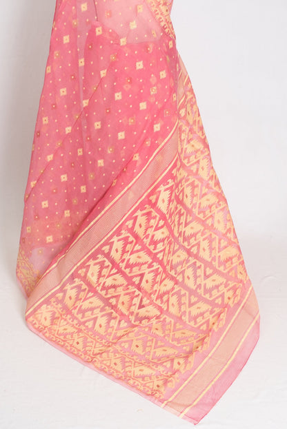 Prerna : Blended Soft Cotton Jamdani Bengali Saree in Pink and Yellow - Saree Mandi