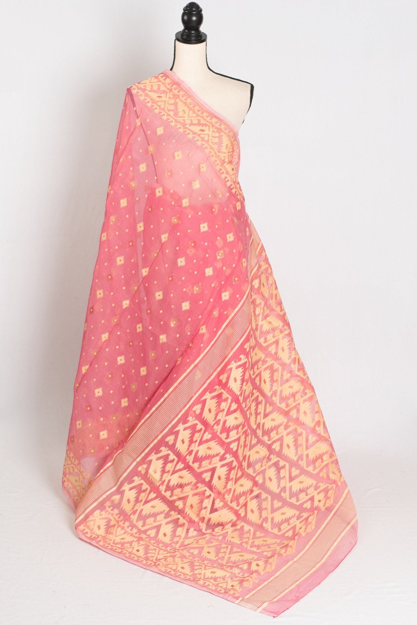 Prerna : Blended Soft Cotton Jamdani Bengali Saree in Pink and Yellow - Saree Mandi