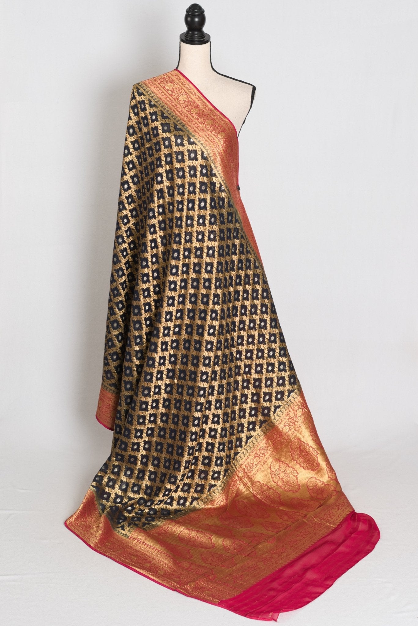 Prerna : Dark Blue Crepe Georgette Banarasi Saree with Pink and Gold Zari Work - Saree Mandi