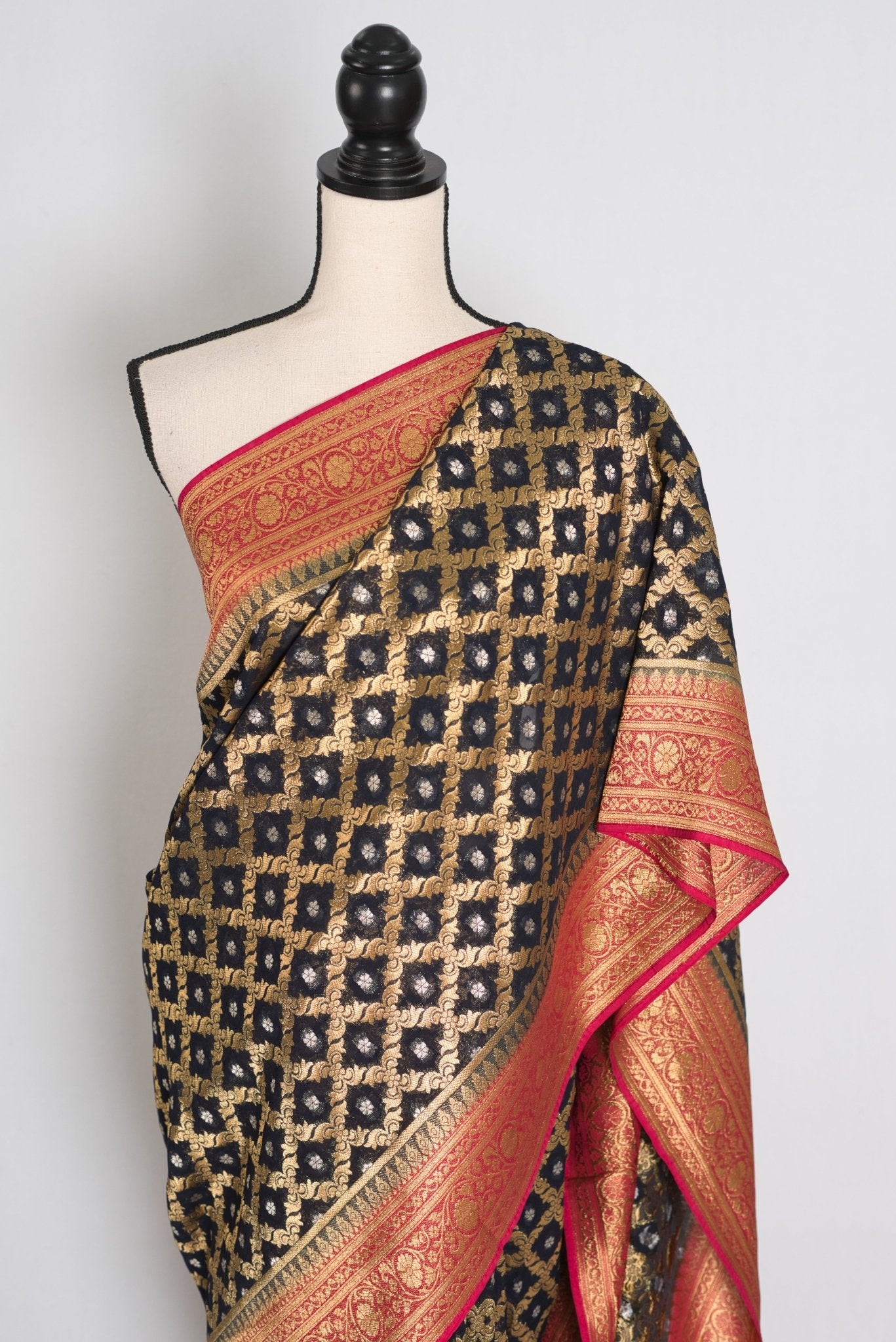 Prerna : Dark Blue Crepe Georgette Banarasi Saree with Pink and Gold Zari Work - Saree Mandi