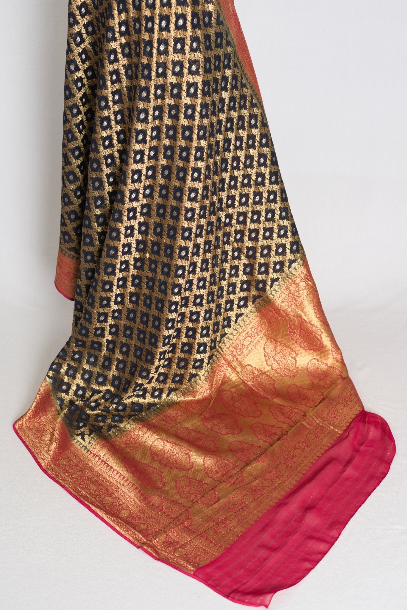 Prerna : Dark Blue Crepe Georgette Banarasi Saree with Pink and Gold Zari Work - Saree Mandi