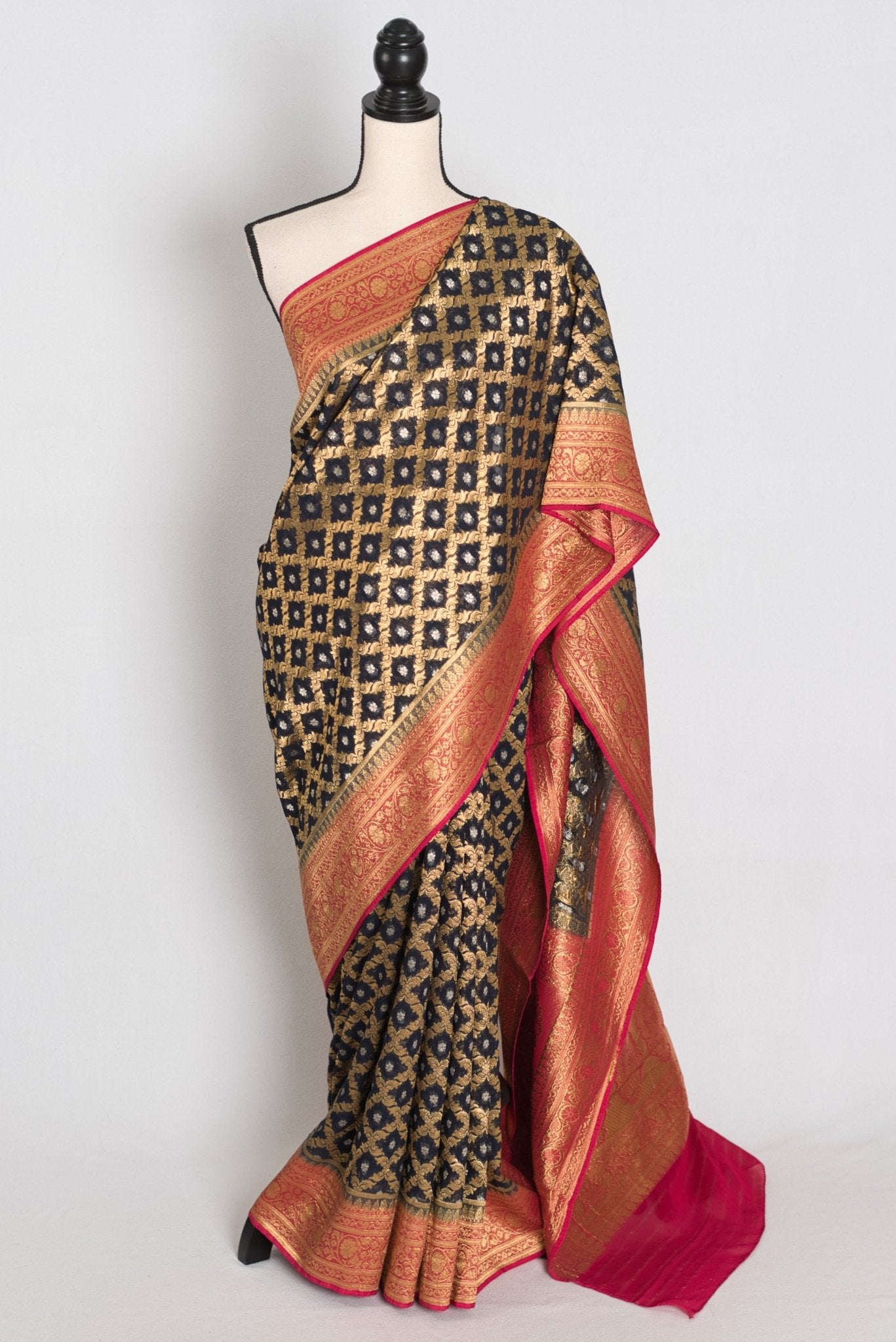 Prerna : Dark Blue Crepe Georgette Banarasi Saree with Pink and Gold Zari Work - Saree Mandi