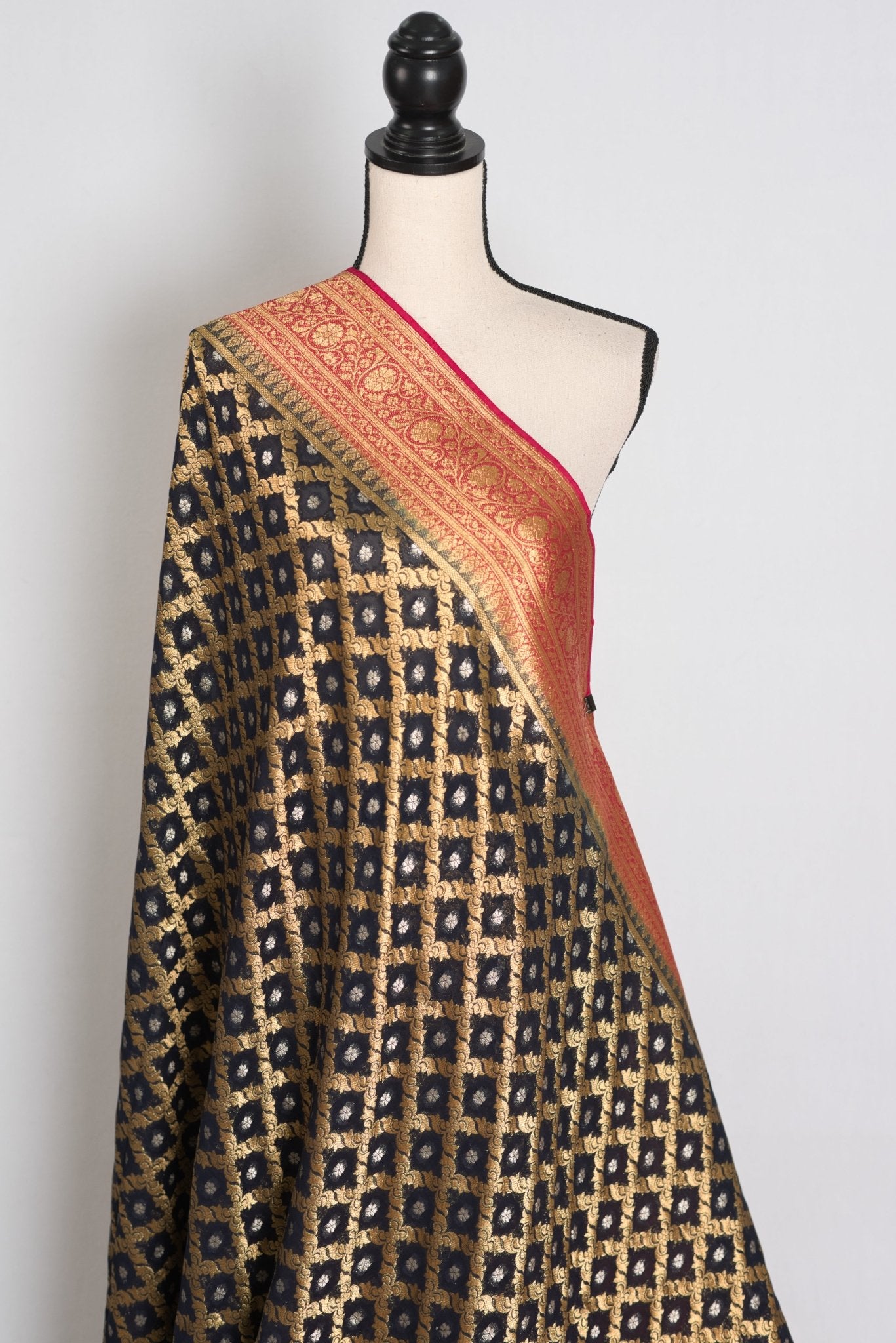 Prerna : Dark Blue Crepe Georgette Banarasi Saree with Pink and Gold Zari Work - Saree Mandi