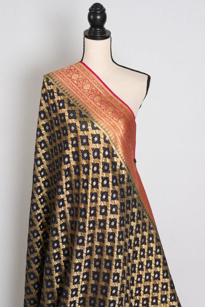 Prerna : Dark Blue Crepe Georgette Banarasi Saree with Pink and Gold Zari Work - Saree Mandi