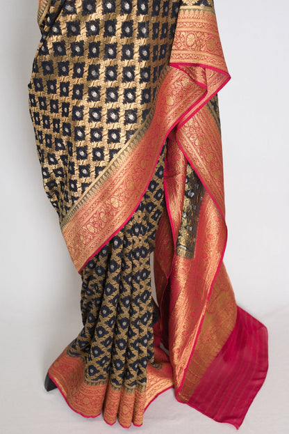 Prerna : Dark Blue Crepe Georgette Banarasi Saree with Pink and Gold Zari Work - Saree Mandi