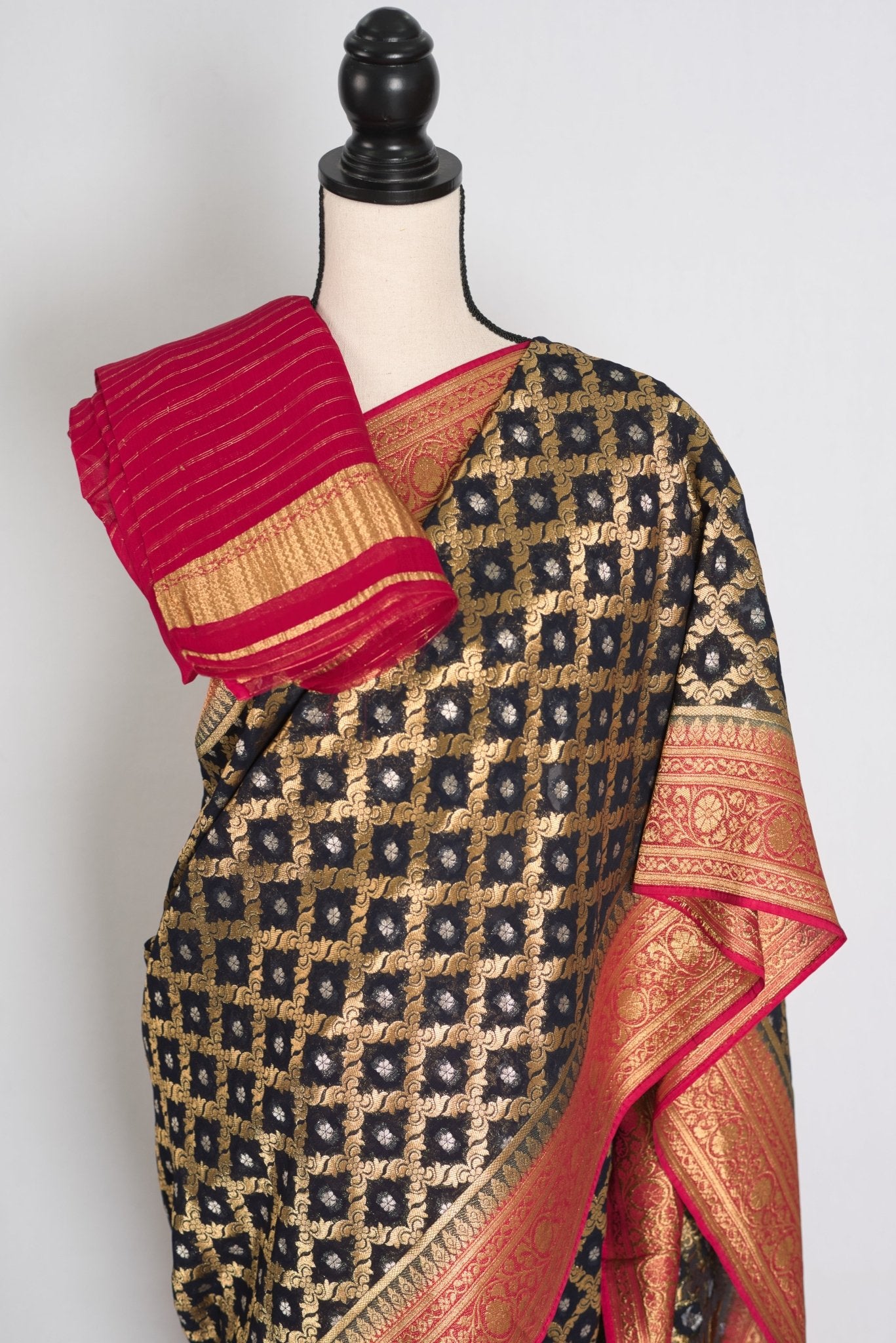 Prerna : Dark Blue Crepe Georgette Banarasi Saree with Pink and Gold Zari Work - Saree Mandi