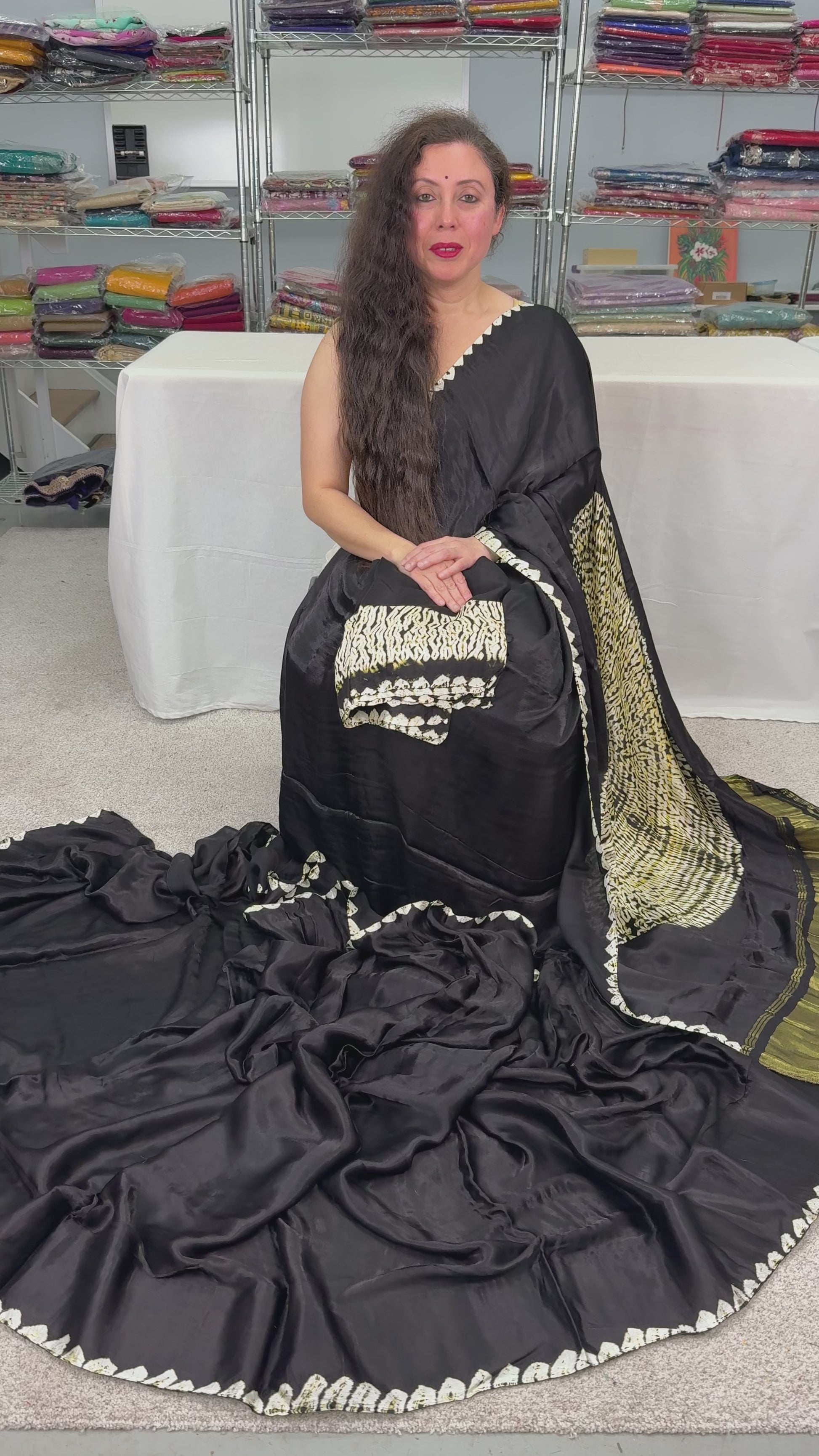 video of Farah : Modal Silk Bandhani Partywear Saree in Black and Gold - Saree Mandi