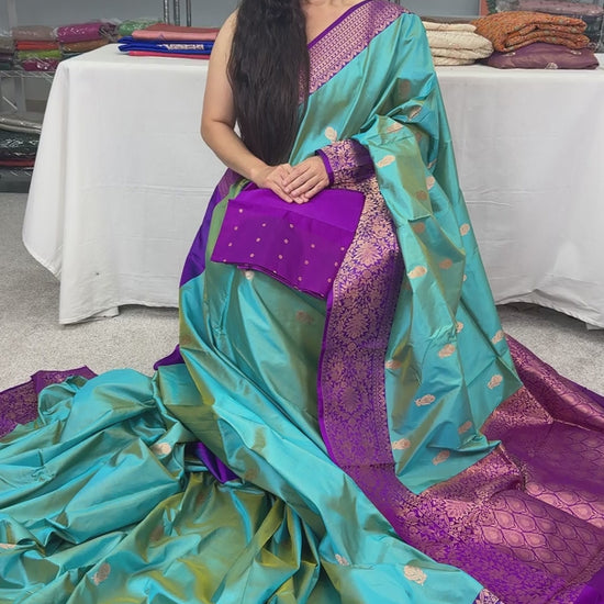 Video of Neera | Cyan Blue & Royal Purple Silk Mark Certified Katan Banarasi Saree