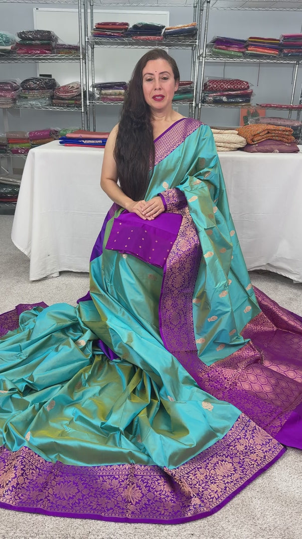 Video of Neera | Cyan Blue & Royal Purple Silk Mark Certified Katan Banarasi Saree