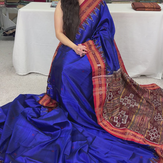 video of Silk Mark Certified Khandua Silk Odisha Saree in Blue and Red.