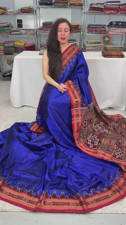 video of Silk Mark Certified Khandua Silk Odisha Saree in Blue and Red.