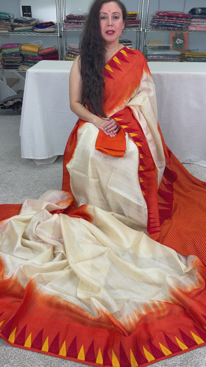 Video of Cream & Orange Bengal Tussar Silk Saree | Silk Mark Certified.