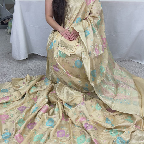 Video of Off-White & Gold Soft Muga Cotton Silk Saree | Floral Banarasi Weave.