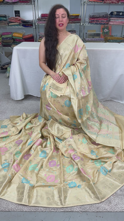 Video of Off-White & Gold Soft Muga Cotton Silk Saree | Floral Banarasi Weave.