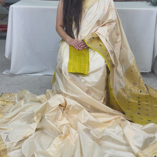 Kamalini : Silk Mark Certified Cream Banarasi Saree with Meenakari Work