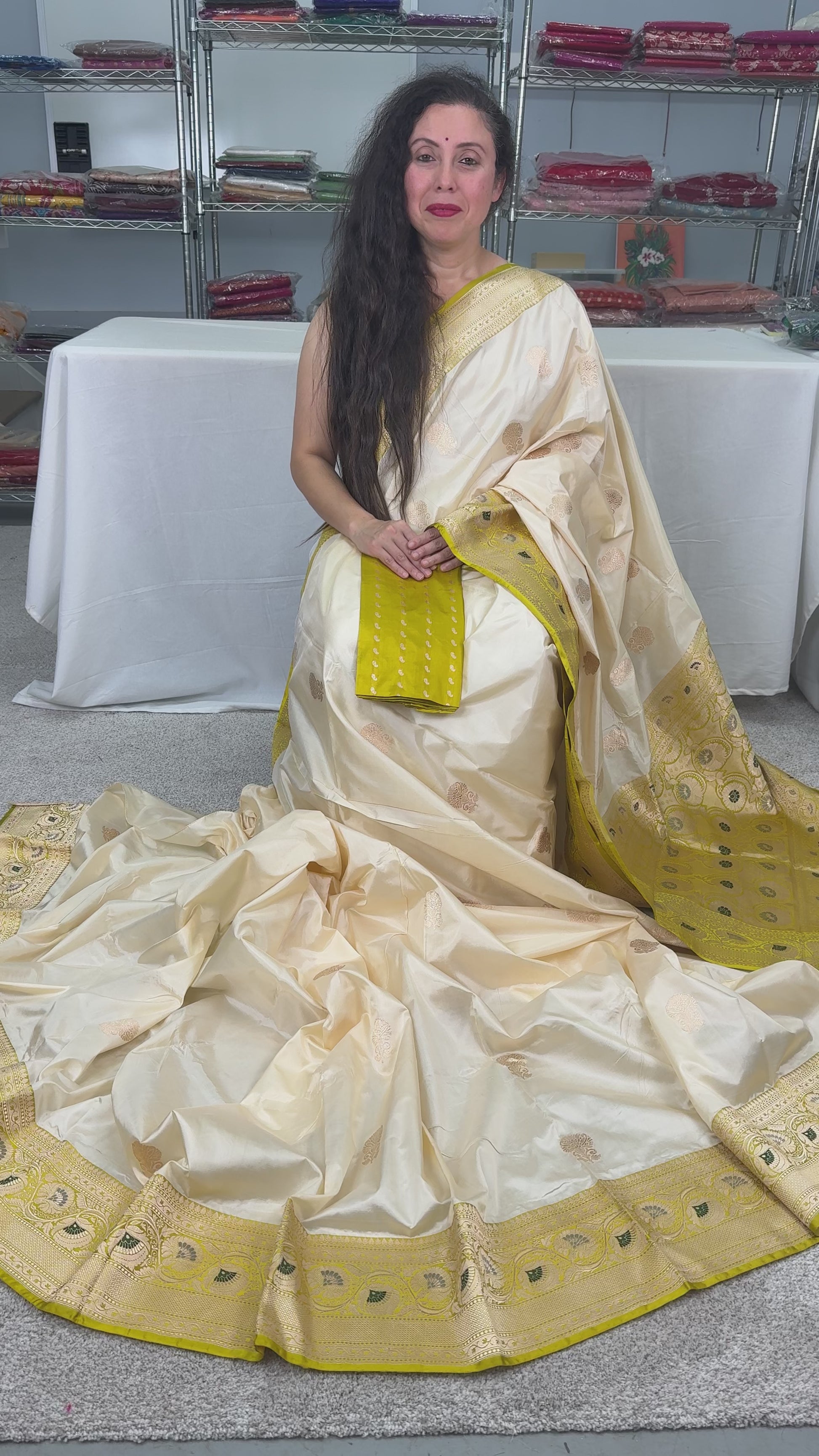 Kamalini : Silk Mark Certified Cream Banarasi Saree with Meenakari Work