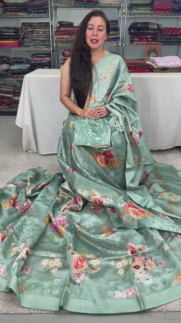Video of Sea Green Floral Banarasi Katan Silk Saree with 40 Size Stitched Blouse.