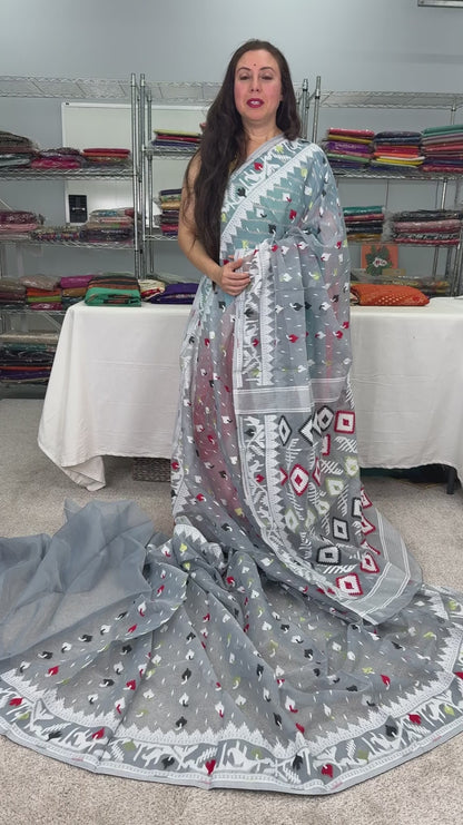 Mandar : Gray Blended Soft Cotton Jamdani Bengali Saree