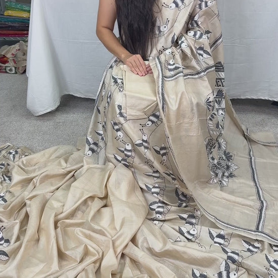 Video of Hand-Embroidered Kantha Stitch Gachi Tussar Silk Saree.