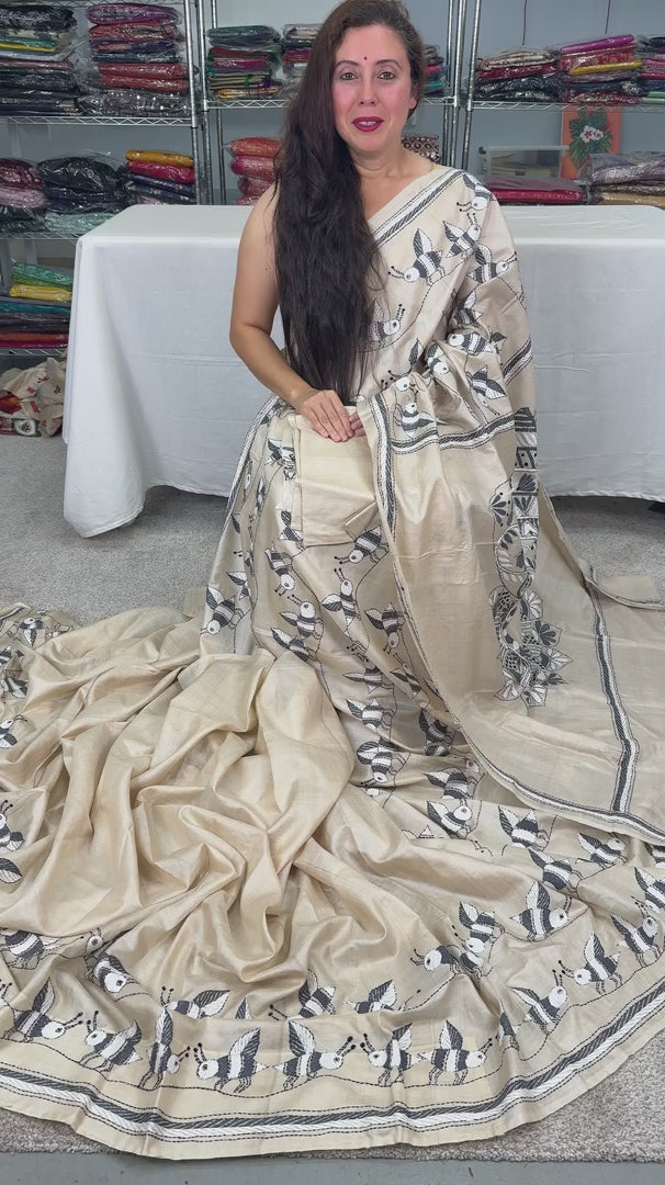 Video of Hand-Embroidered Kantha Stitch Gachi Tussar Silk Saree.