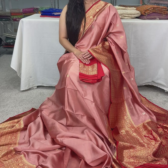 Video of Silk Mark Certified Pastel Brown & Red Katan Banarasi Silk Saree.