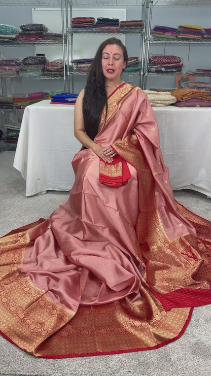 Video of Silk Mark Certified Pastel Brown & Red Katan Banarasi Silk Saree.