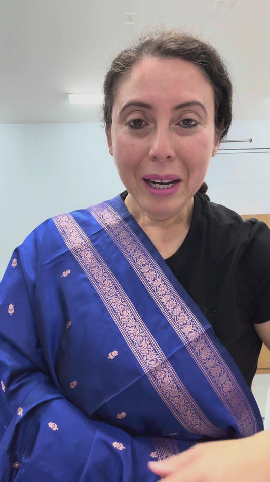 video of Royal Dark Blue and Antique Gold Pure Banarasi Silk Saree.